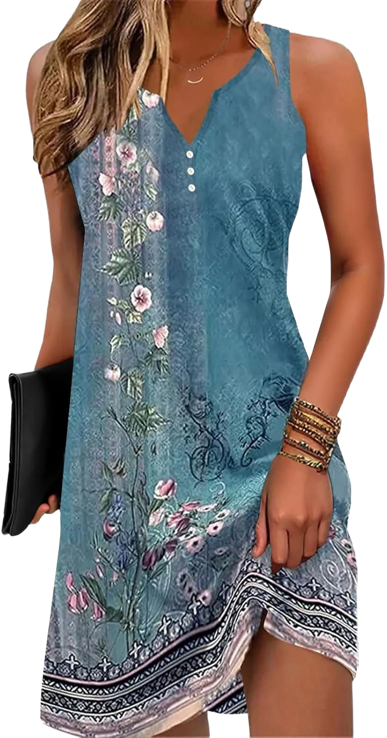 ETCYY Womens Sundresses for Beach Dress Vacation 2025 Boho Floral Printed Casual Button V Neck Sleeveless Summer Dresses Medium Flower Wallpaper Blue