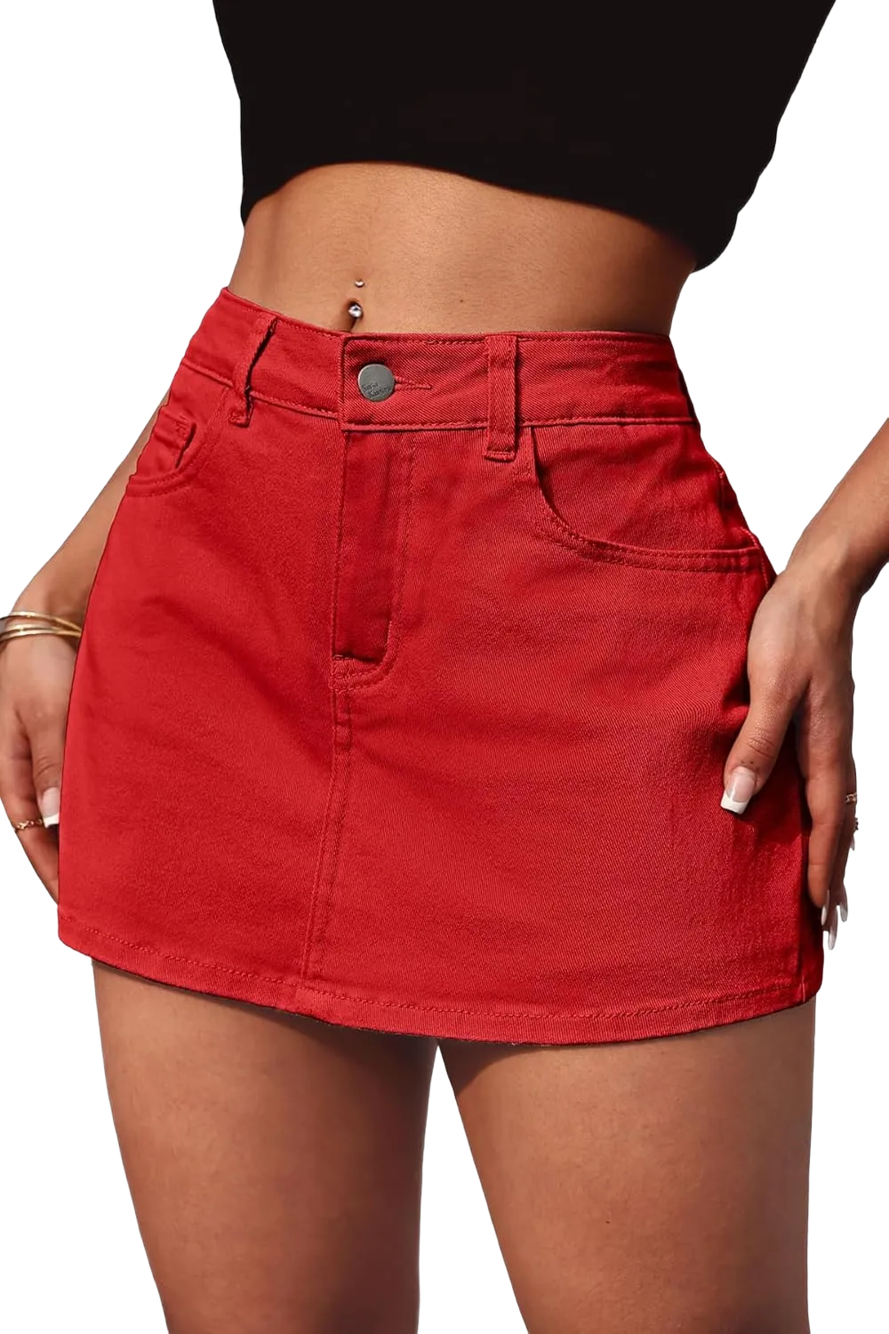 ELLEVEN High Stretchy Mini Skort Skirt for Women,Low Waist Denim Skort Shorts with Pockets Large Red
