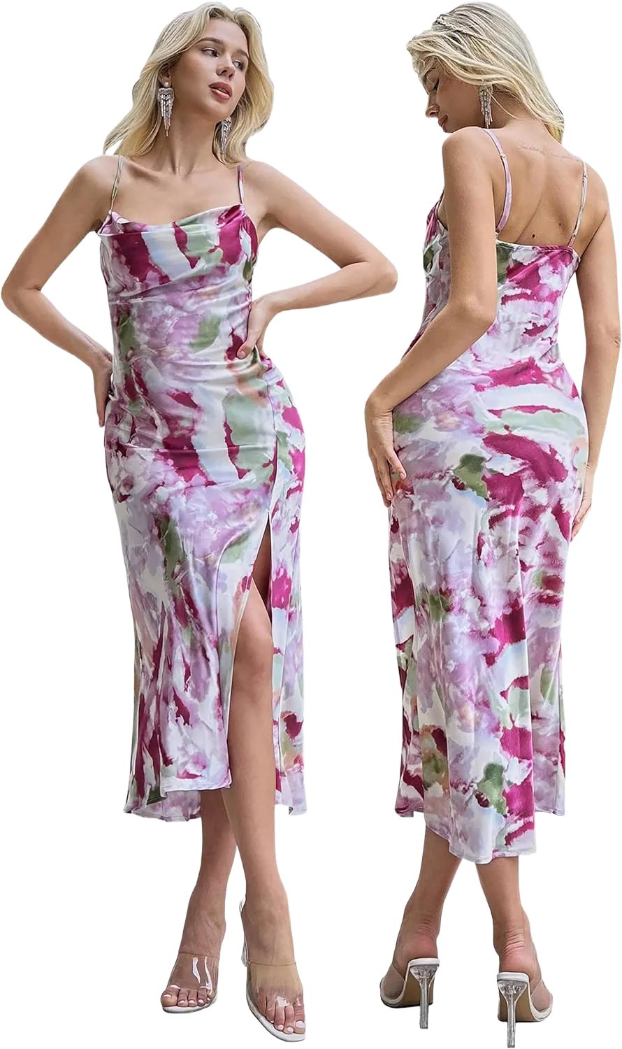 Wedding Guest Dress for Women Spaghetti Strap Satin Slip Cocktail Formal Midi Evening Party Dresses X-Large Purple Red Floral