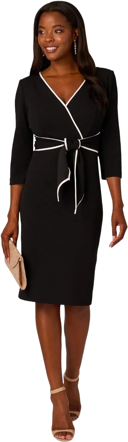 Adrianna Papell Women's Piping Tie Front Midi Dress 14 Black/Ivory