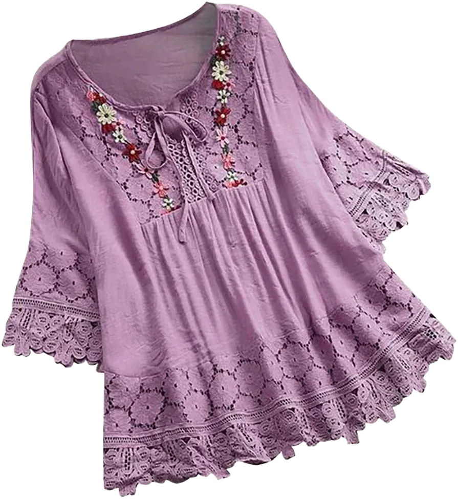 2025 Clearance! Womens Clothes Clearance asdoklhq Long Sleeve T Shirts for Women,Women Vintage Lace Patchwork Bow V-Neck Three Quarter Blouses Top T-Shirt