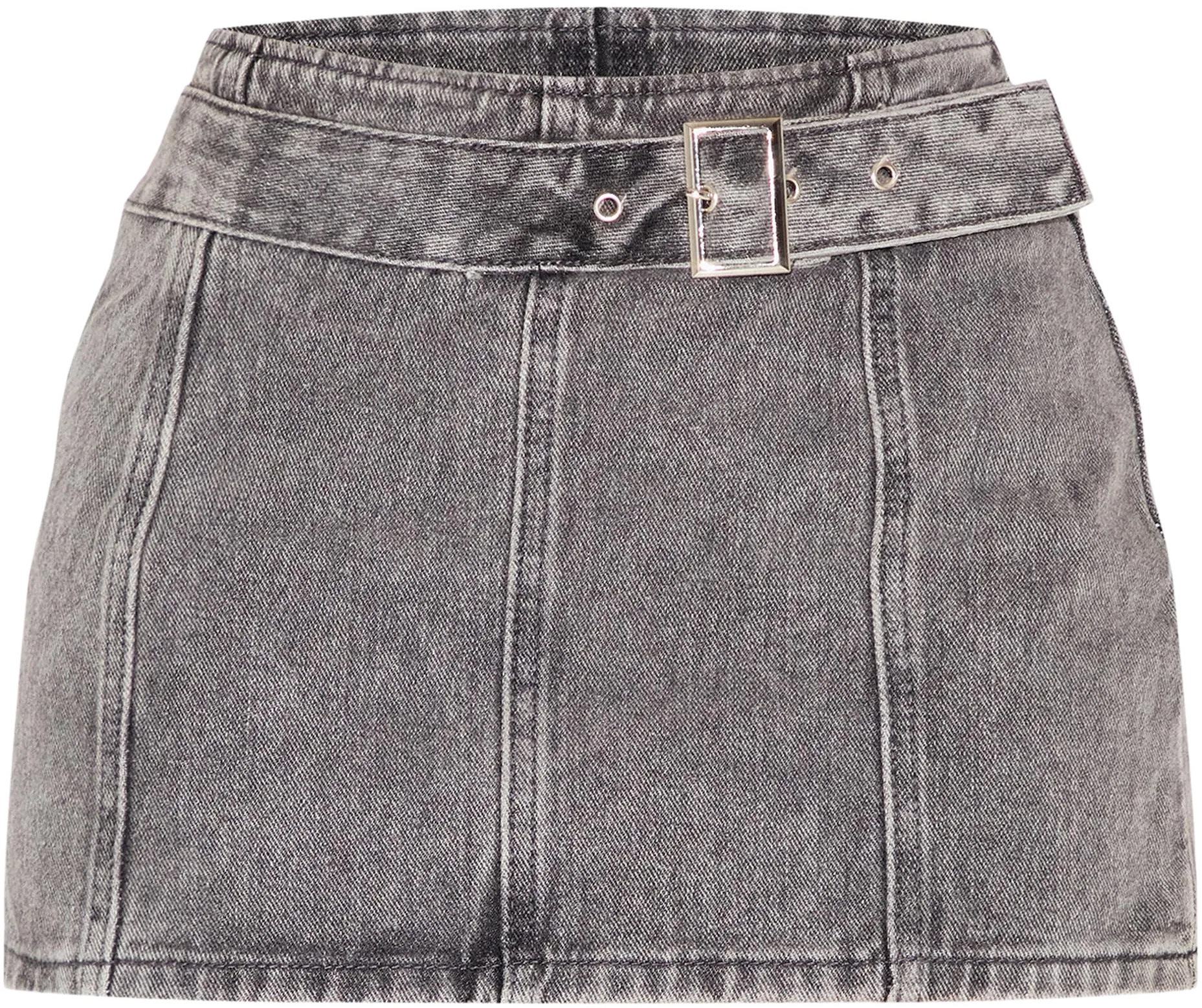 Petite Grey Acid Wash Denim Buckle Detail Mini Skirt