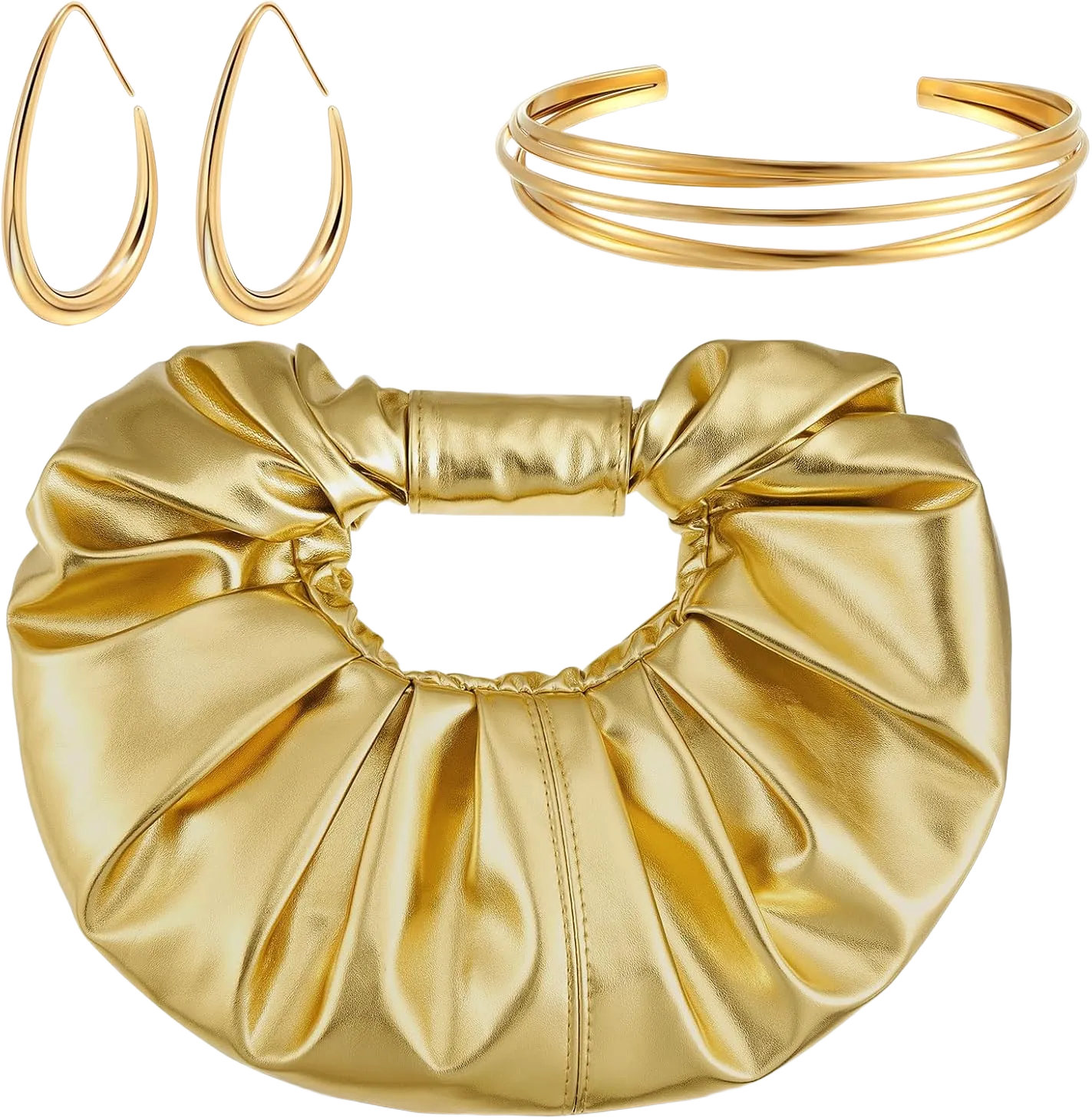 3 Pcs Gold Clutch Purse Jewelry Set for Women Evening Handbag Gold Cuff Bracelet Oval Teardrop Hoop Earrings for Women Evening Prom Party Wedding Dating Gift