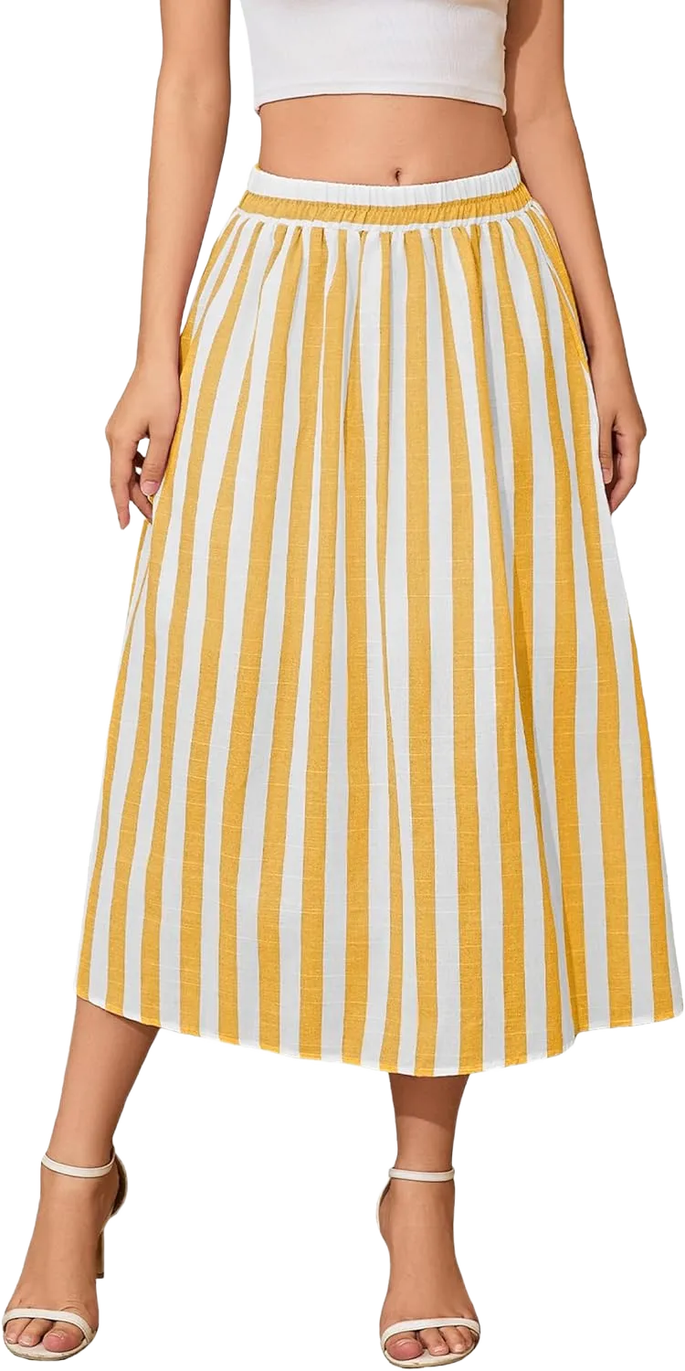 Women's Trendy Summer Casual Pleated Striped Maxi Flared Beach Skirt High Waist A-Line Flowy Midi Skirts Long Dresses Yellow XX-Large