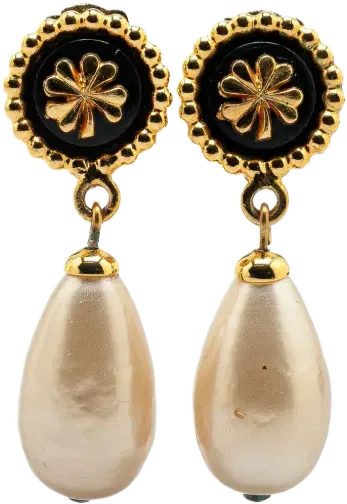 1980-1990 Gold Plated Clover Faux Pearl Dangling Clip on Earrings costume earrings