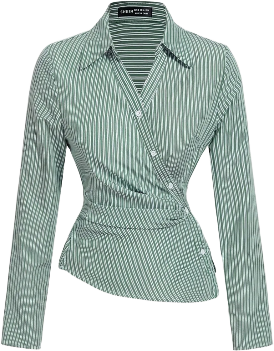SHEIN MOD Women's Green & White Striped Turndown Collar Fold-Over Long Sleeve Business ,Business Casual Women,90s Outfit,Fall Clothing, Clothes,Business Casual Women,Back To School,Women Blouses,Going Out Tops,Long Sleeve Shirt,Work Women Blouses Valentine's Day