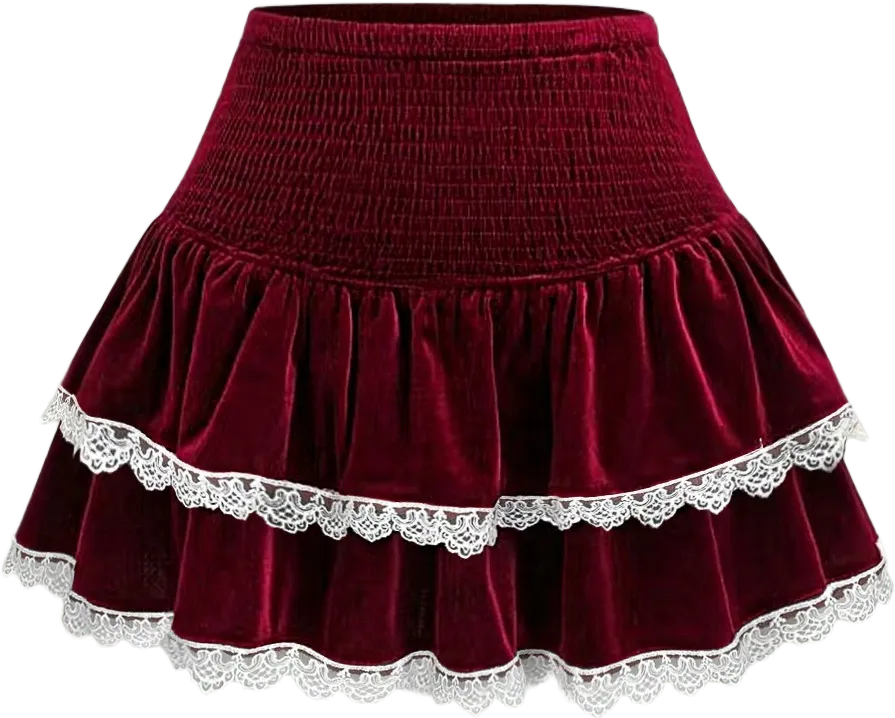 SHEIN PETITE Women's Autumn Velvet High-End Pleated Skirt, Red Christmas Party A-Line Skirt, Fashion Lace Waist Decor French Style Petite Skirt