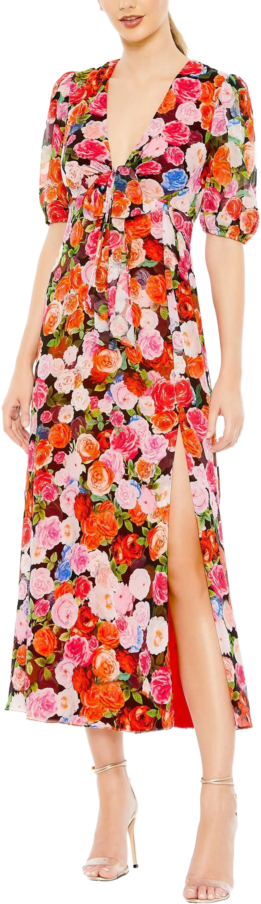 Mac Duggal Floral Print Front Tie Puff Sleeve Flowy Midi Dress