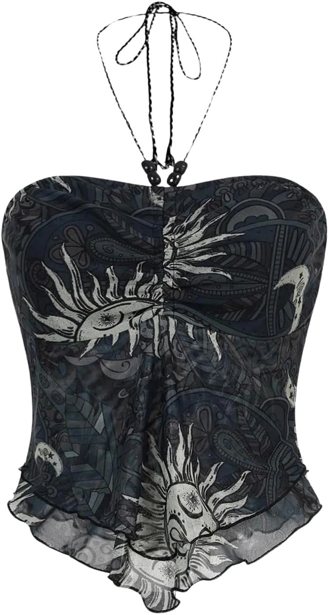 Women's Tribal Pattern Asymmetrical Hem Tie Halter Backless Tops Boho Ruched Sleeveless Cami Tops
