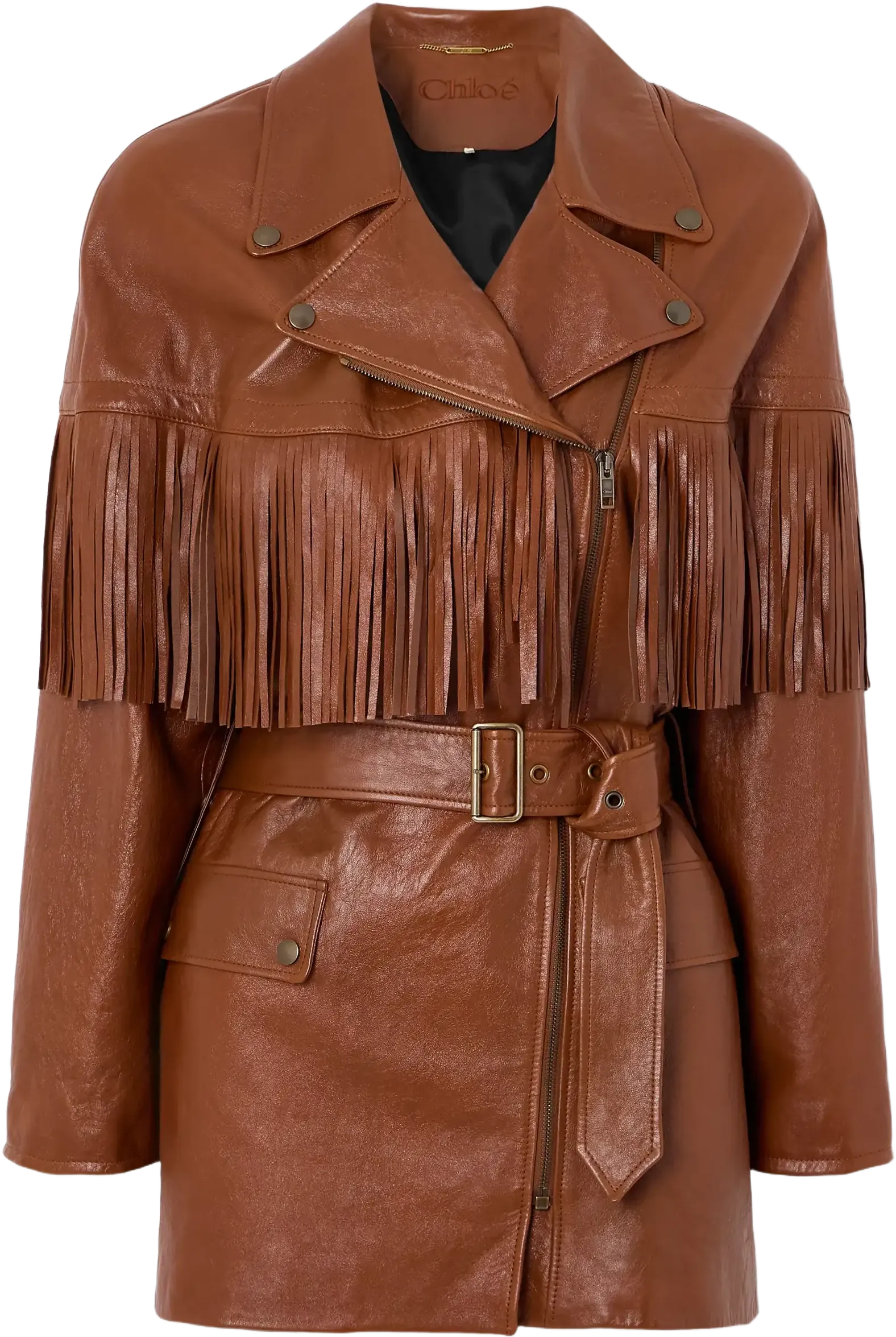 Belted fringed leather jacket