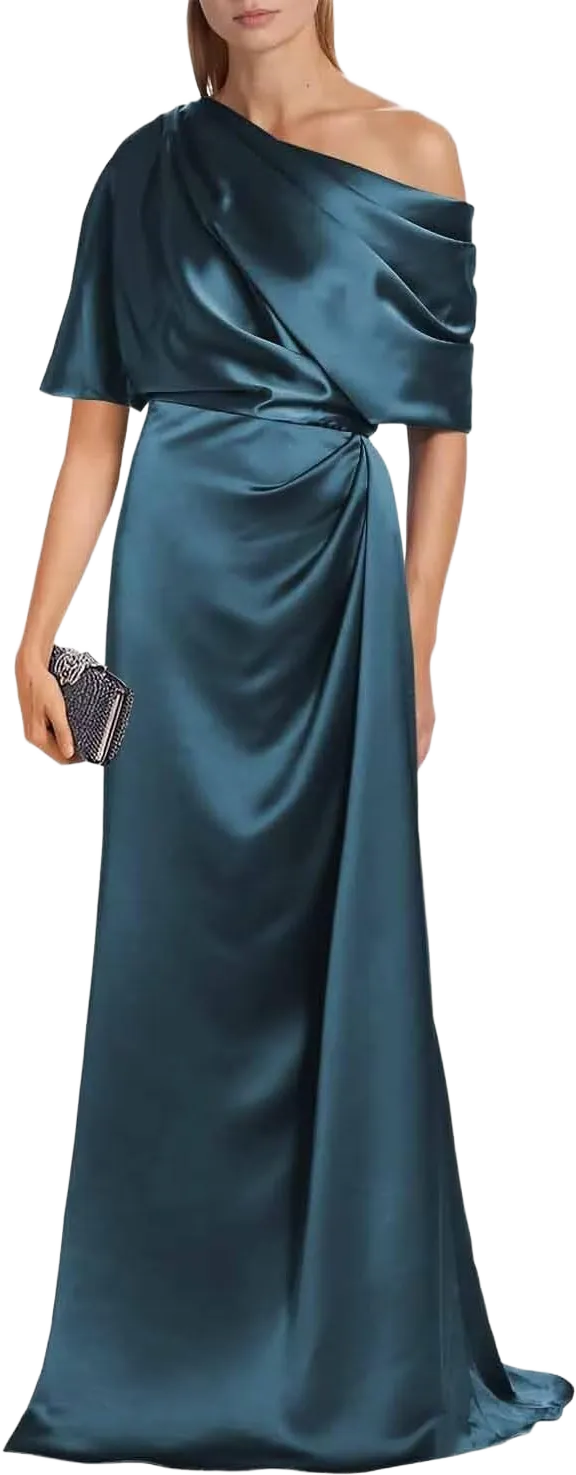 RSOETOO Plus Size Off The Shoulder Mother of The Bride Dresses for Wedding Satin Teal Long Formal Evening Gown US20W