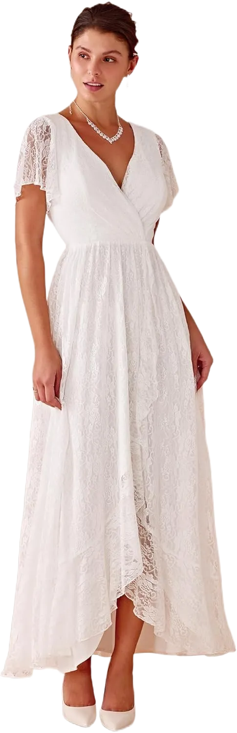 Ever-Pretty Women's Lace V Neck Ruffles Sleeves Pleated Empire Waist A-Line Maxi Formal Dresses 01489 28 White