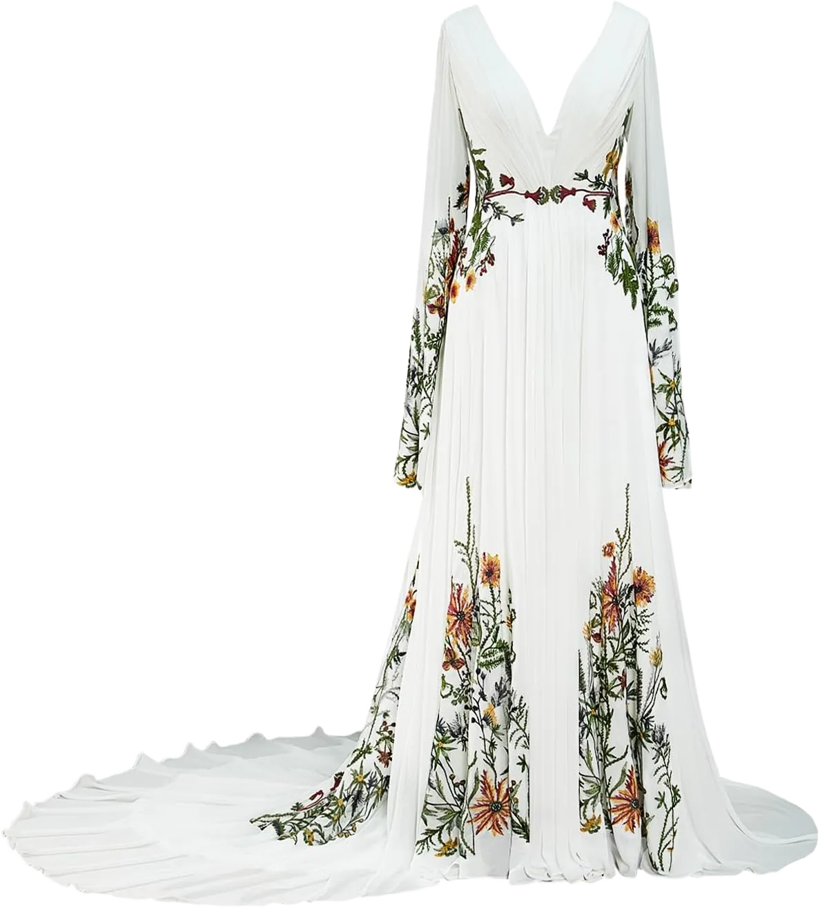 Floral Embroidered Wedding Dresses for Women Bride V Neck Bridal Gowns with Long Sleeves Boho Wedding Dress 8 Ivory
