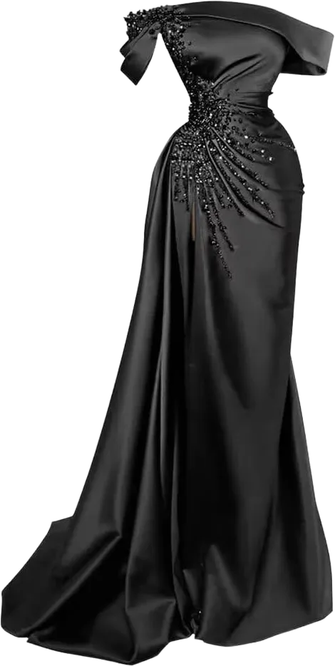 Tsbridal Mermaid Beads Prom Dress for Women with Slit Satin Long Off The Shoulder Formal Evening Party Gown Black 22 Plus