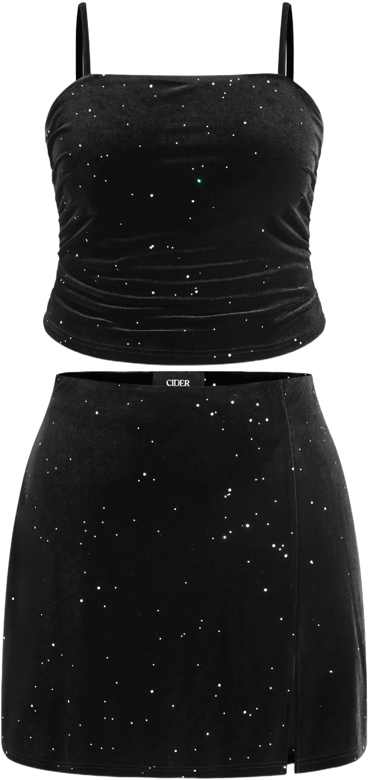 Silk Rhinestone Crop Tube Top & Mid Waist Split Mini Skirt Matching Set Curve & Plus
