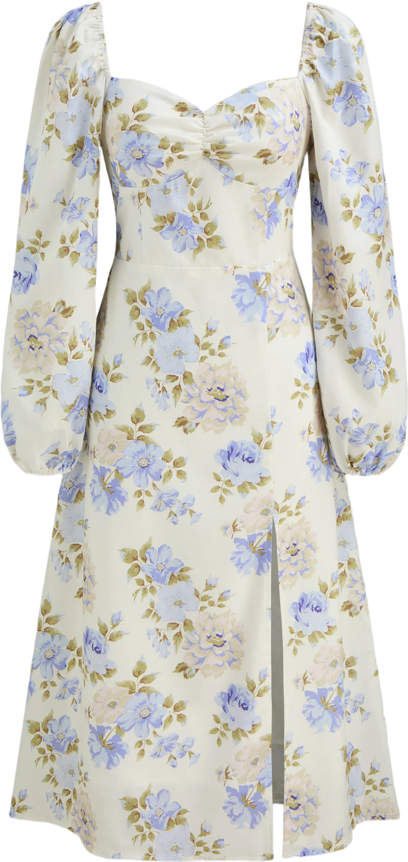 Sweetheart Neckline Floral Split Shirred Midi Dress