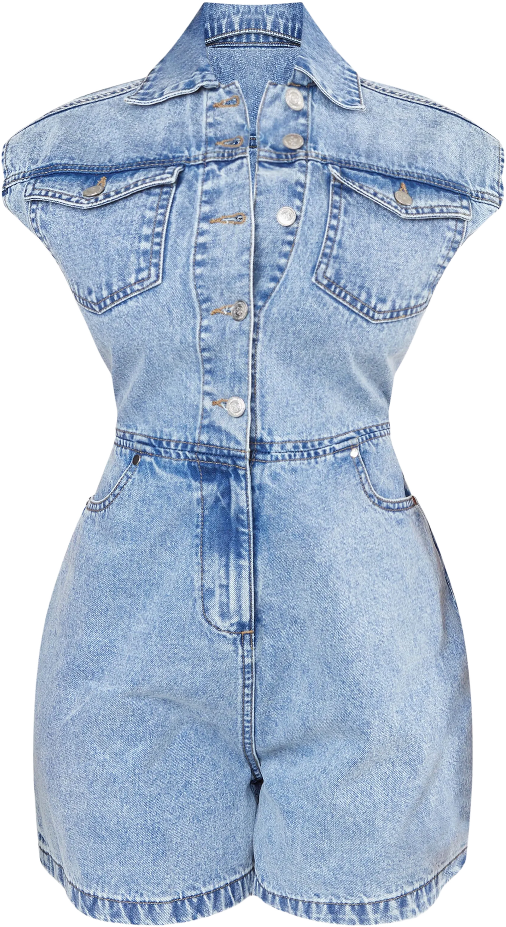 Shape Light Blue Sleeveless Rigid Denim Romper