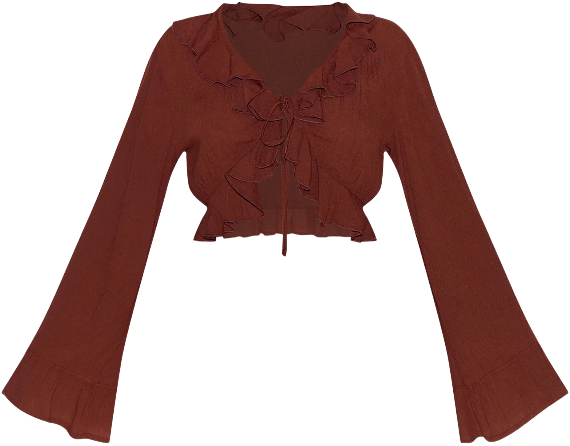 Petite Chocolate Cheesecloth Ruffle Tie Front Long Sleeve Top