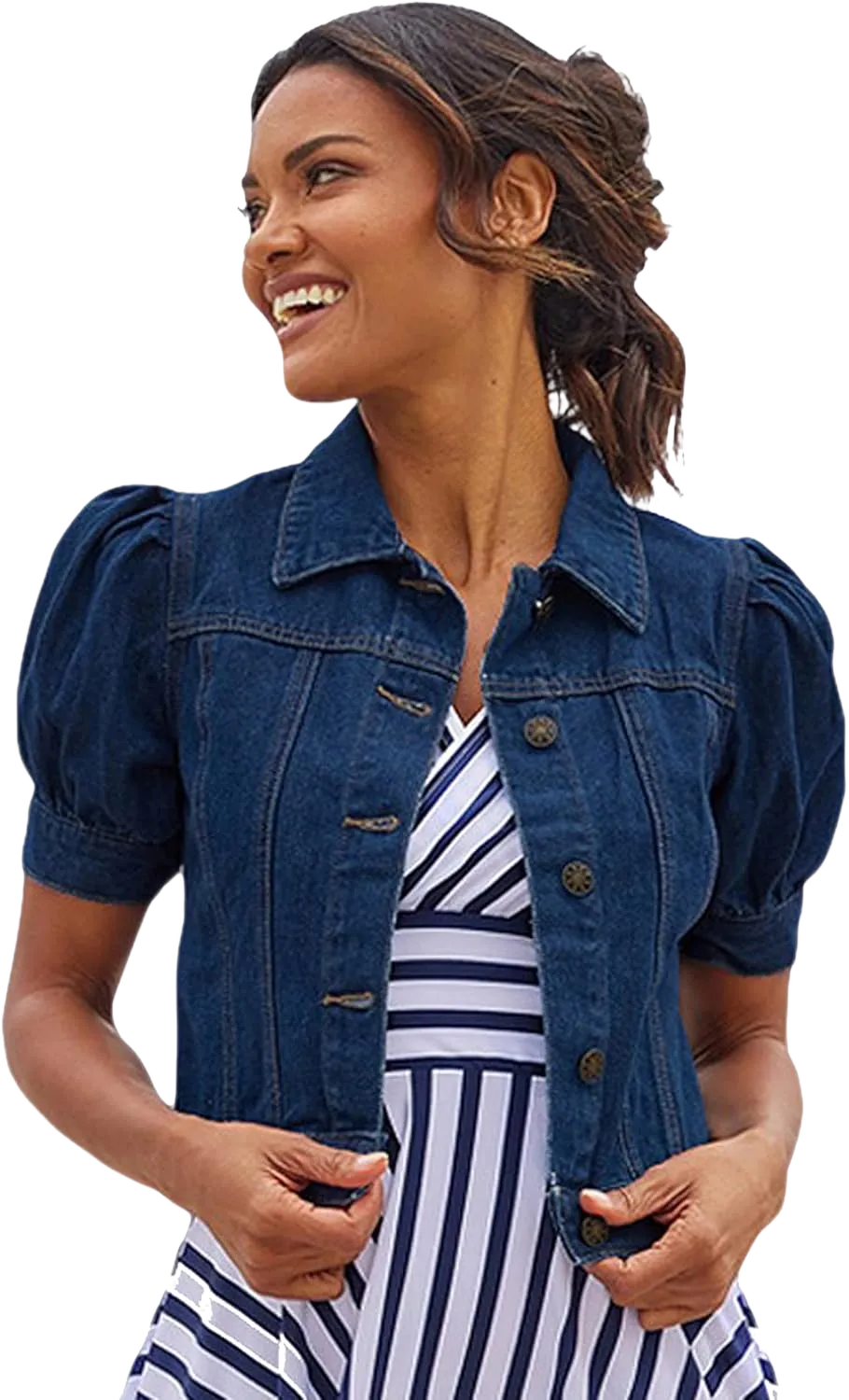 LASCANA Women's Puff Sleeve Denim Jacket Dark Washed 4