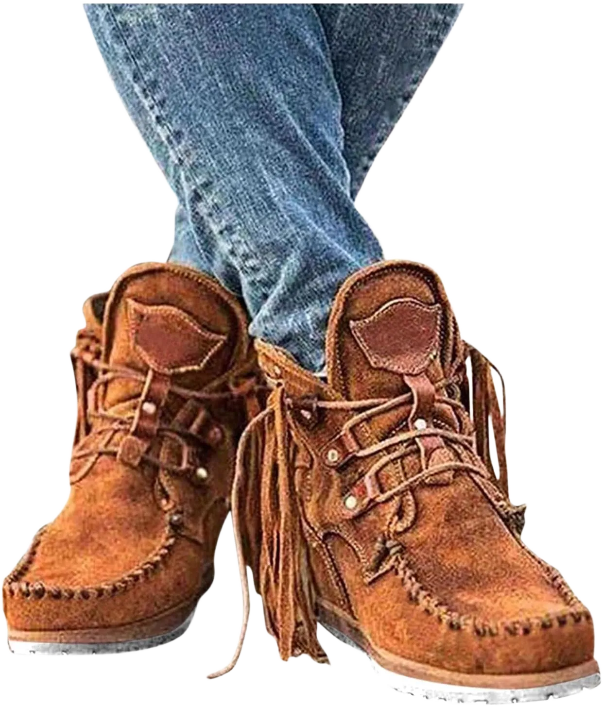 Hbeylia Boho Ankle Booties For Women Ladies With Fringes Ethnic Bohemian Vintage Suede Tassel Lace Up Wide Round Toe Chunky Bottom Heels Low Top Short Boots Retro Beach Slip On Dress Walking Shoes 7.5 Brown