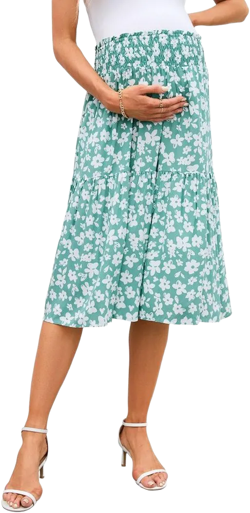 Women's High Elastic Empire Waist Maternity Skirt Summer Casual Floral Pleated Swing A Line Flowy Midi Skirts with Pockets Green Flower S