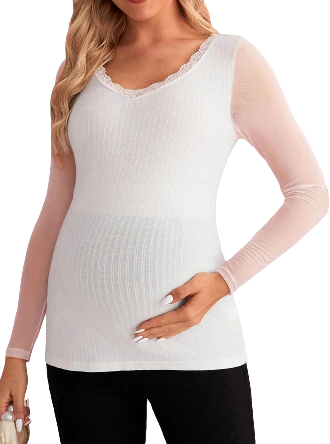 OYOANGLE Women's Maternity Sheer Mesh Long Sleeve Lace Trim V Neck T Shirt Solid Rib Knitted Slim Fit Shirt Tops Small White