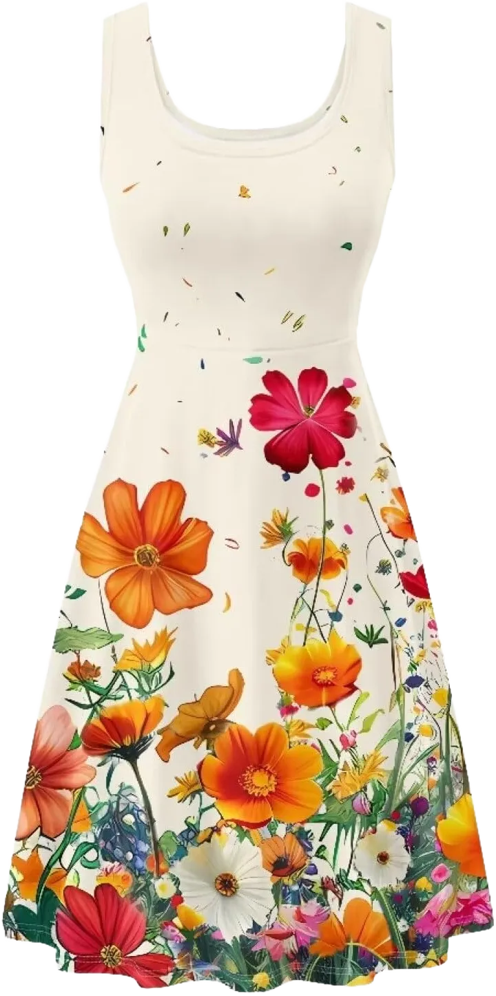 TOADDITDO Women's Sleeveless O Neck Beach A-Line Party Coctail Tank Dresses Flared Sundress Small Flower