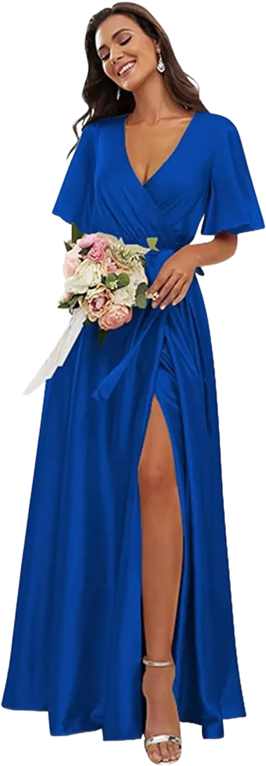 OFEECHUN Women's V Neck Satin Bridesmaid Dresses with Sleeves Slit A Line Long Formal Dress Party Gowns 16 Royal Blue