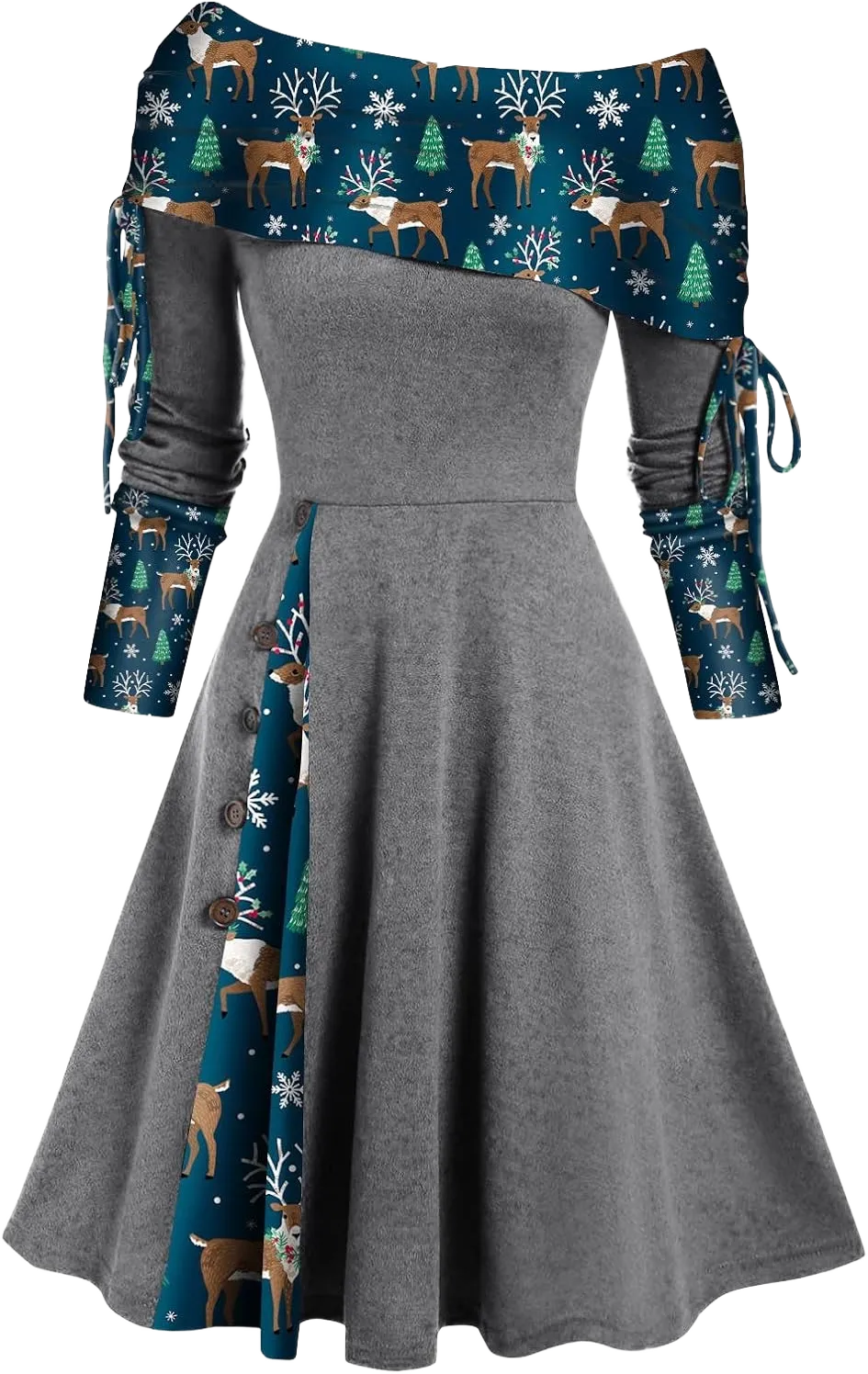 Women's Fall Dresses 2024 Convertible Neck Cinched Striped Flare A Line Dress Long Sleeve Christmas Dresses