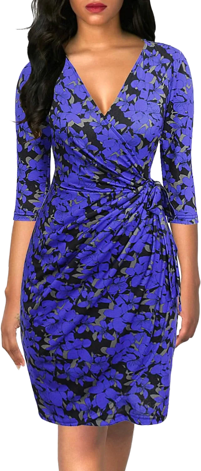 Berydress Women's Classic 3/4 Sleeve V Neck Sheath Casual Party Work Faux Black Wrap Dress Large Blue Floral