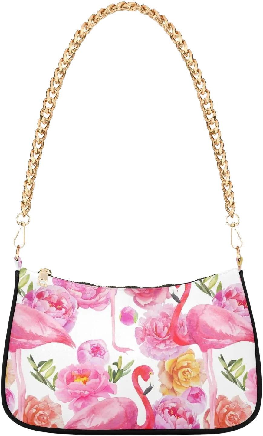 Women Chain Shoulder Purse Bag With Zipper Watercolor Pastel Pink Flamingos Print, Roses Peonies Flowers Hobo Tote Clutch Handbags with Chain Strap