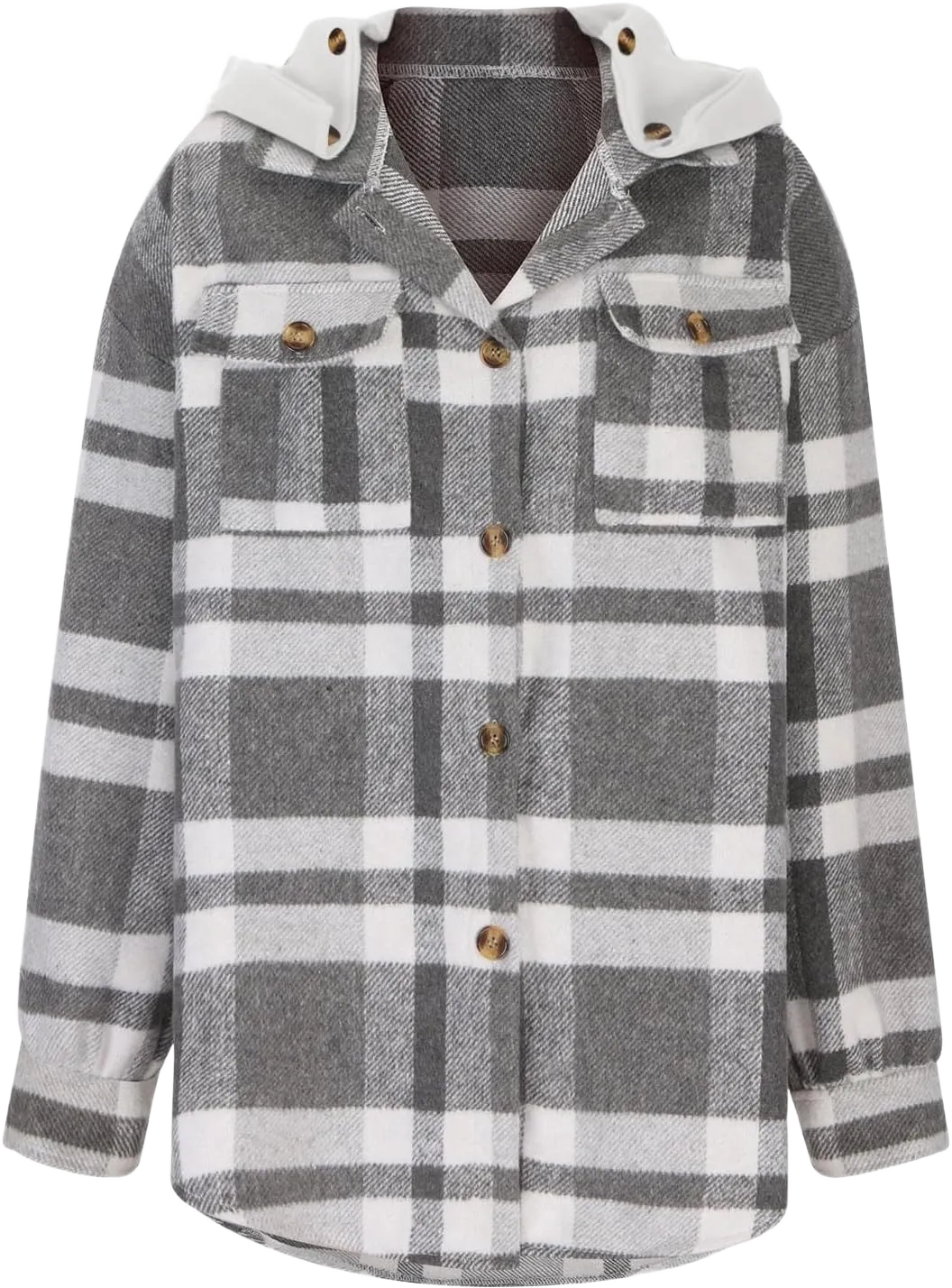 Women's Brushed Retro Plaid Removable Hat Shirts Long Sleeve Flannel Lapel Button Down Zip up Sweat (A12-Dark Gray, XXL)