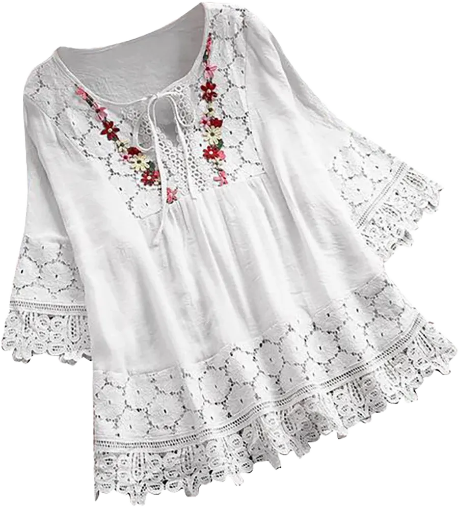 AherBiu Plus Size Boho Tops for Women Cotton Linen Lace Hollow out Loose Fitting Hide Belly Summer Casual Blouse Shirts (X-Large, White)