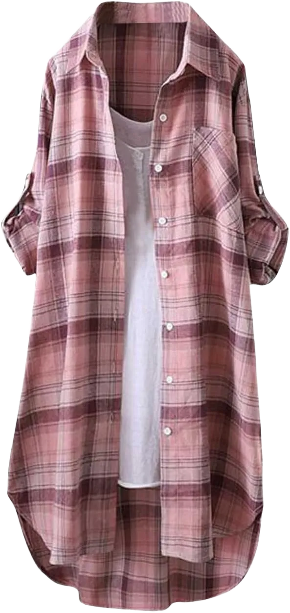Plaid Shirts for Women 2025 Fashion Oversized Long Button Up Blouses Summer Beach Cover Up XX-Large G-pink