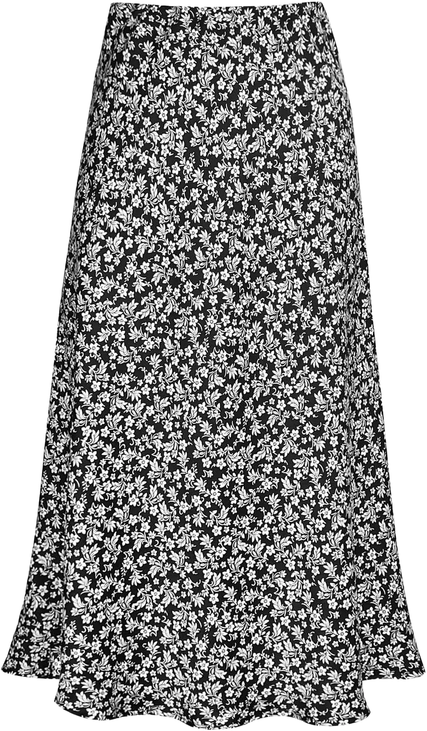 Women's Satin High Waist Hidden Elasticized Waistband Flared Casual A Line Midi Skirt XX-Large Floral Black