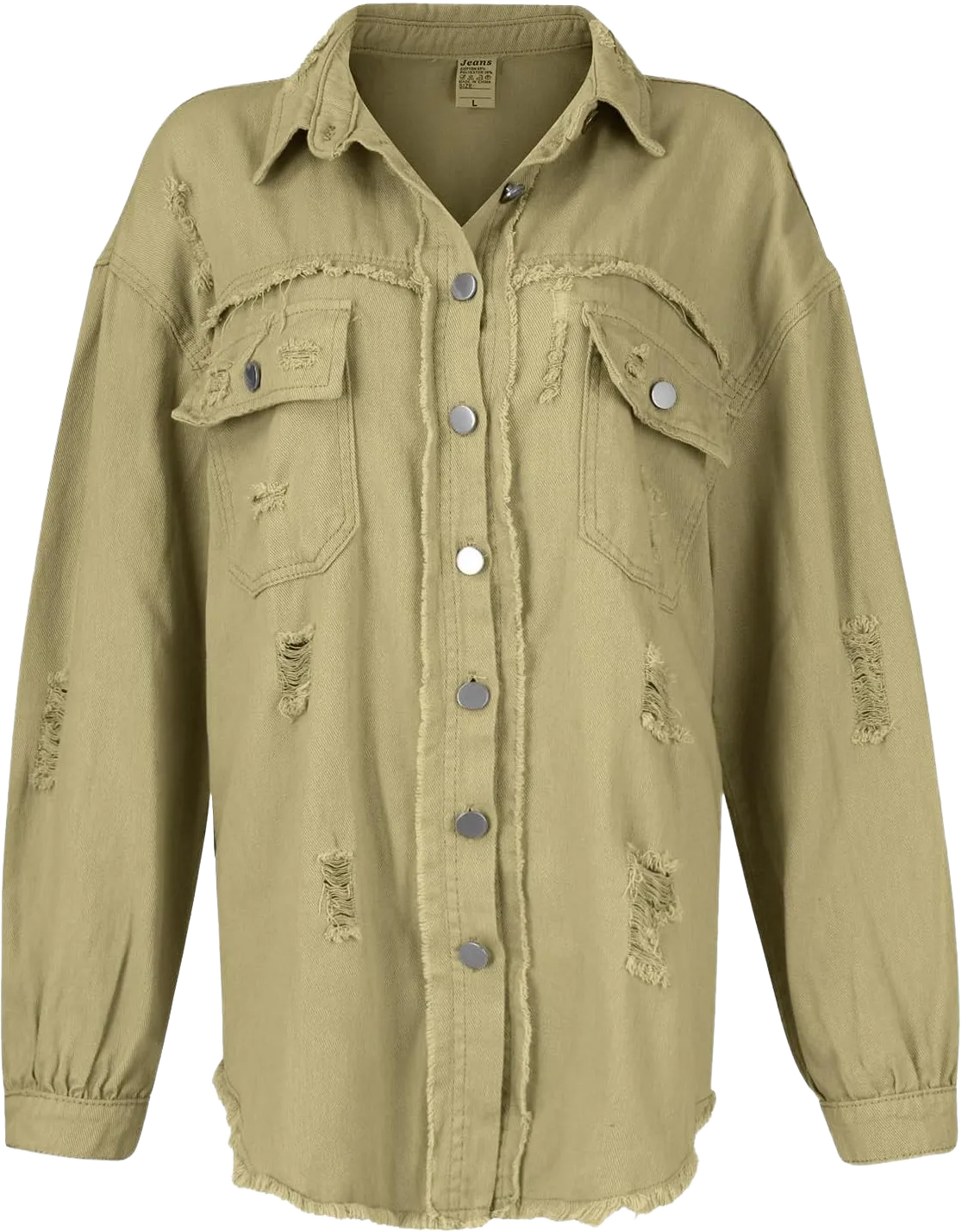 Trendy Casual Women's Oversized Jean Shacket Solid Color Long Sleeve Distressed Jacket with Pockets Small 2-khaki