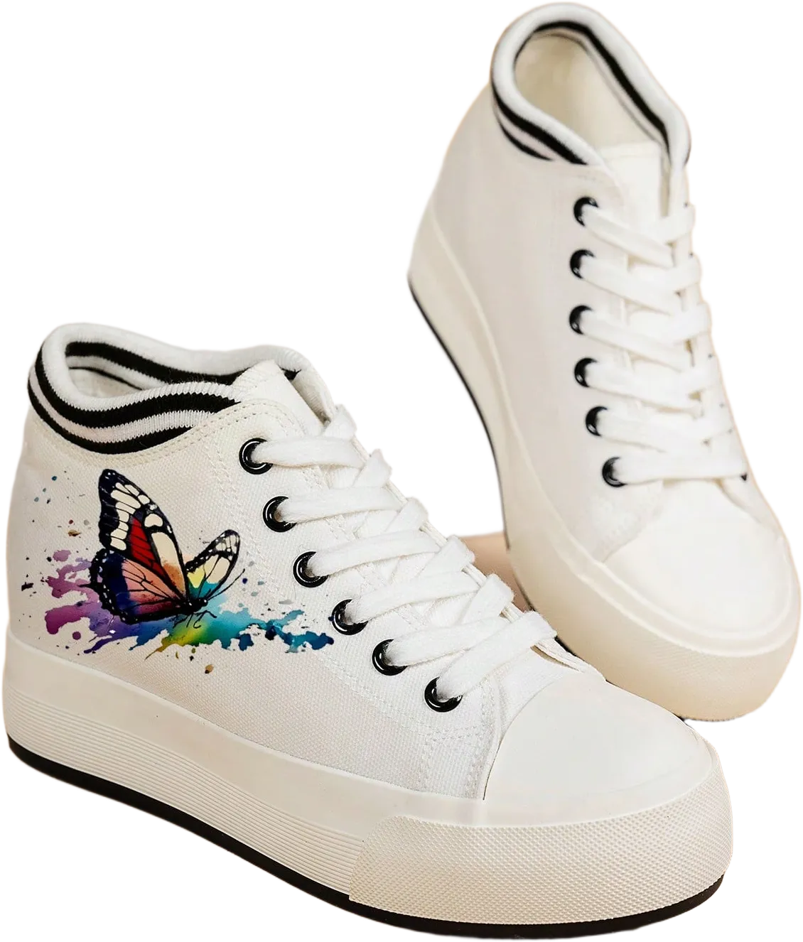 Women's Platform Sneakers With Butterfly Pattern, Low-Top Casual Canvas Shoes For Female Students, White, Fashion, Comfortable, Elevator Shoes