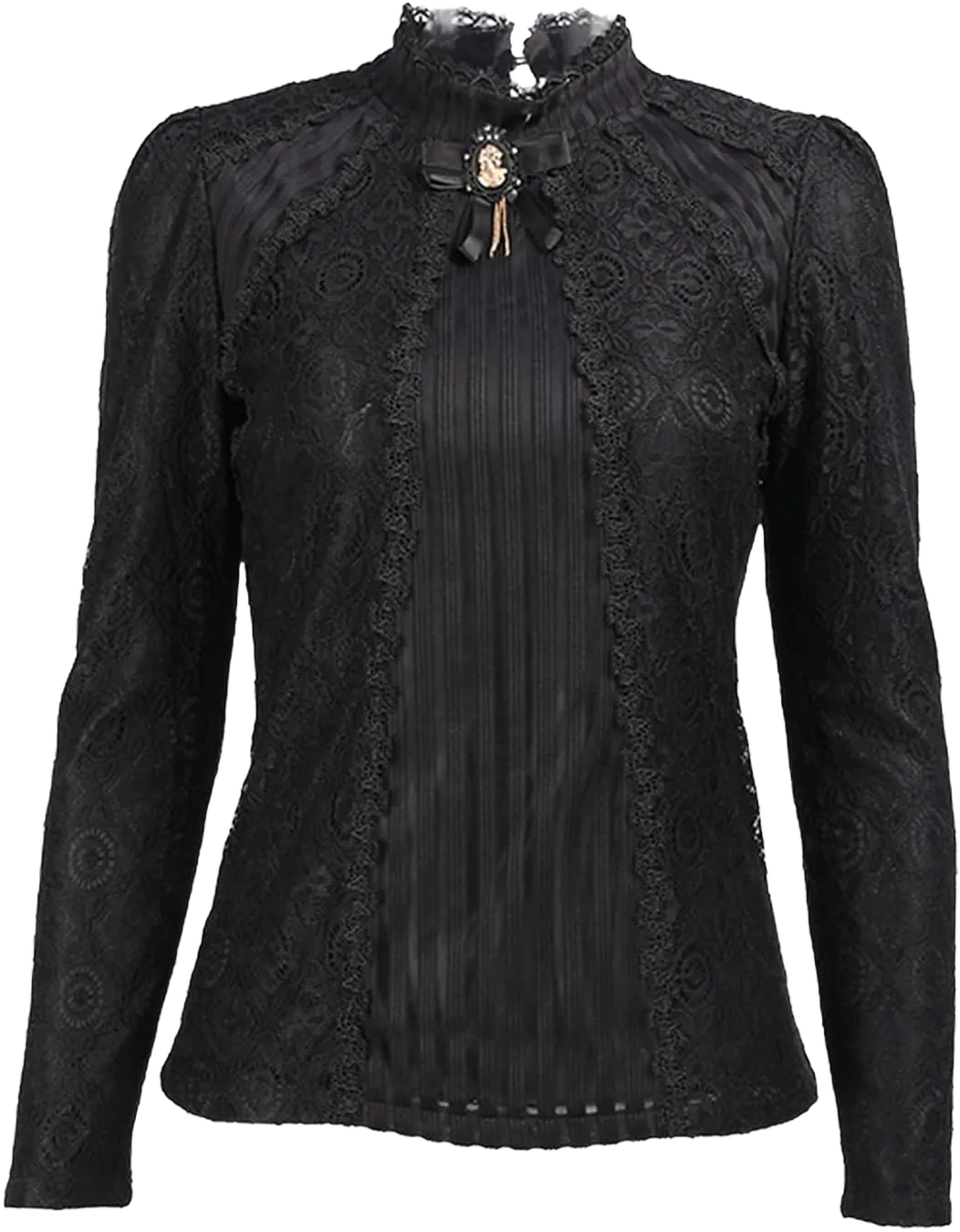 SansoiSan Women's Vintage Beaded Buttons Pleated Shirt Long Sleeve Lace Stretchy Blouse Medium Black