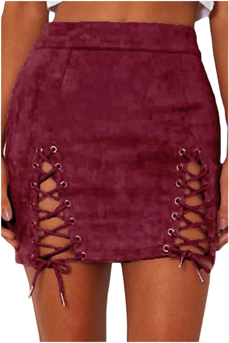 Meyeeka Womens Sexy High Waist Lace Up Bodycon Faux Suede Split Tight Mini Skirt Medium Wine Red