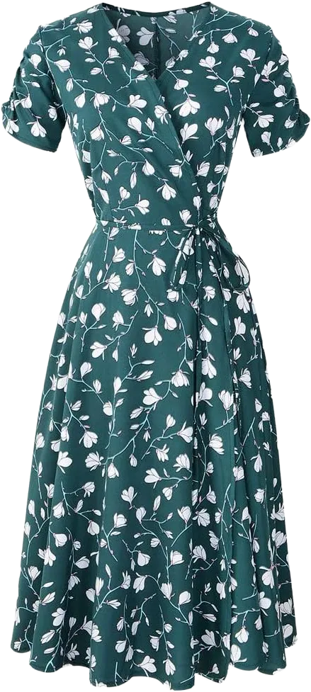 iQKA Women's Short Sleeve V Neck Retro Floral Print Boho Dress Ladies Elegant Evening Flare A-Line Wrap Dress X-Large Green