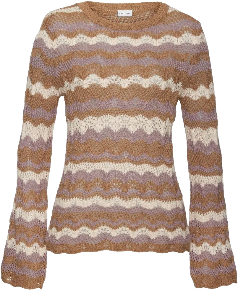 LASCANA Women's Open Knit Wavy Stripe Sweater Chevron Camel Multi 8/10