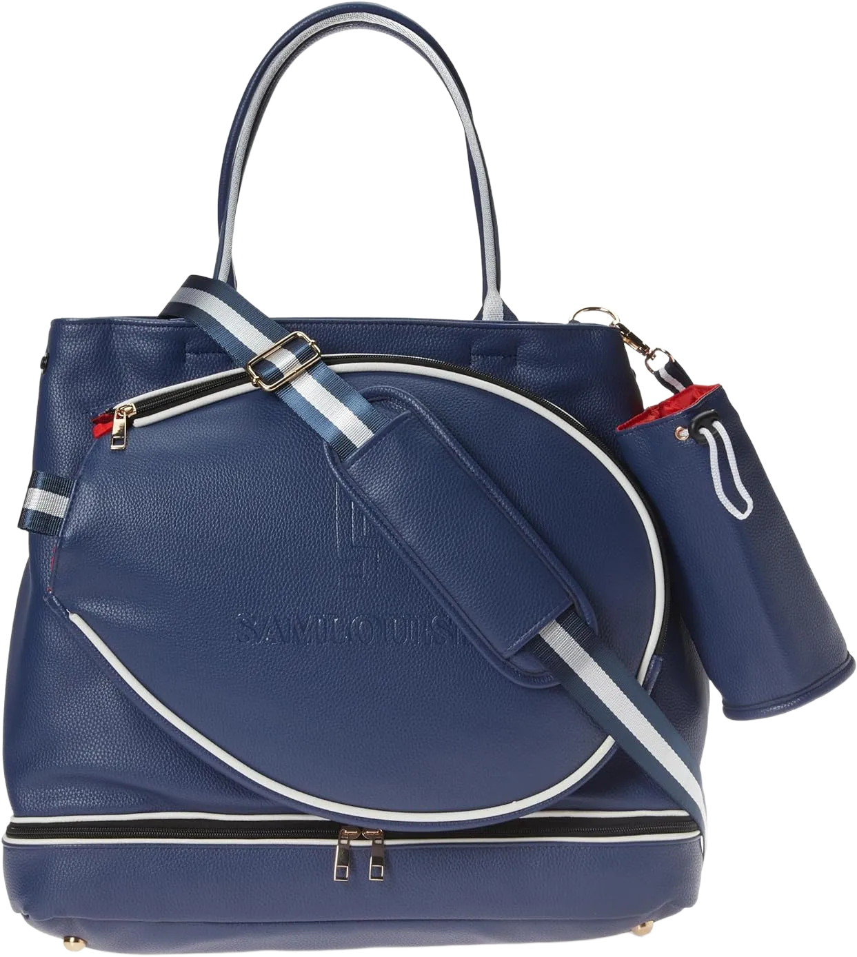 SamLouise Leather Women Large Sports Handbag Tennis Racket Shoulder Bag Tennis Tote Bag with Front Pocket for Tennis Racket Blue