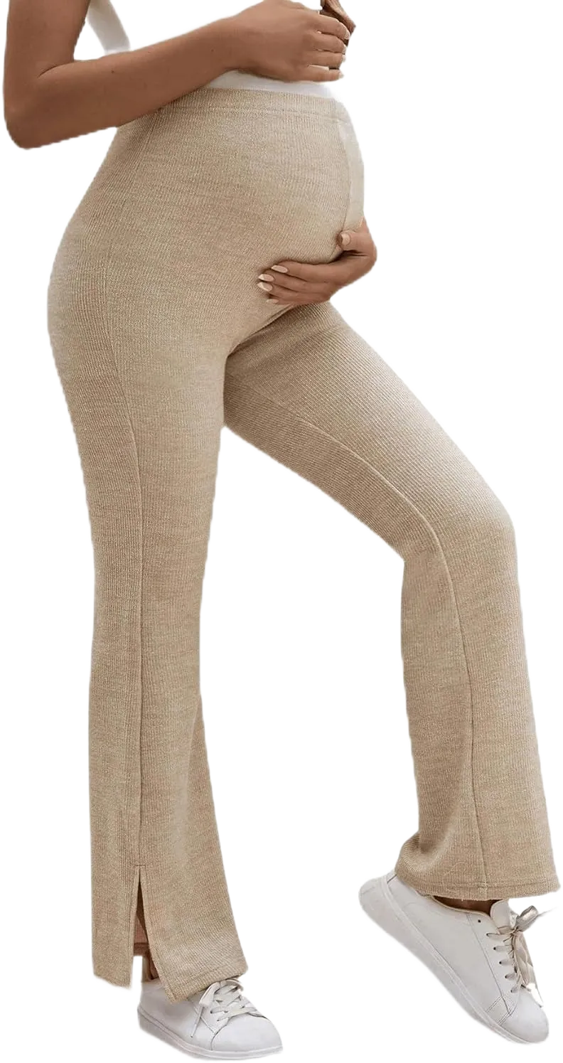 OYOANGLE Women's Maternity Split Hem Flared Leg Pants Adjustable High Waist Stretchy Pregnancy Pants