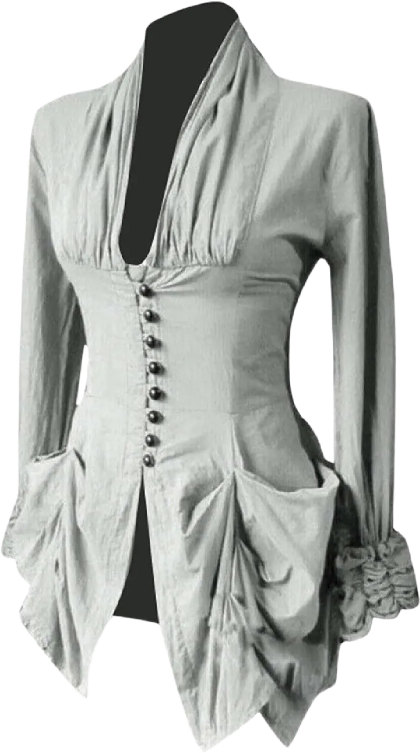 Women's Victorian Blouse Gothic Steampunk Jacket Vintage Renaissance Tops Long Sleeve Corset Shirt Tailcoat Gray Medium