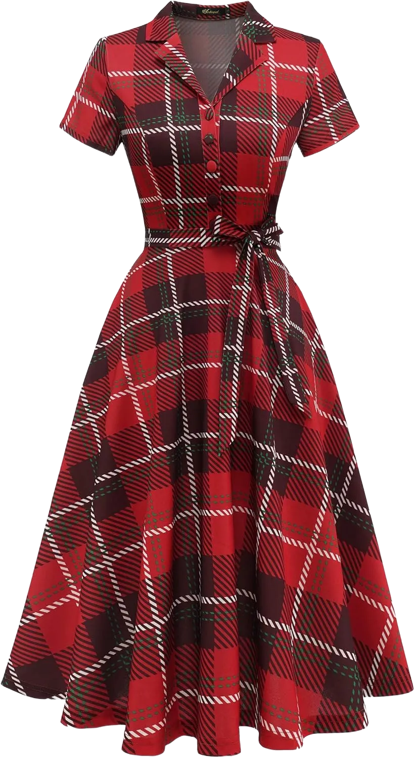 Wedtrend Women's Vintage Tea Dress, Short Sleeve Cocktail Party Dress Work Church Casual Dress Medium Red White Plaids