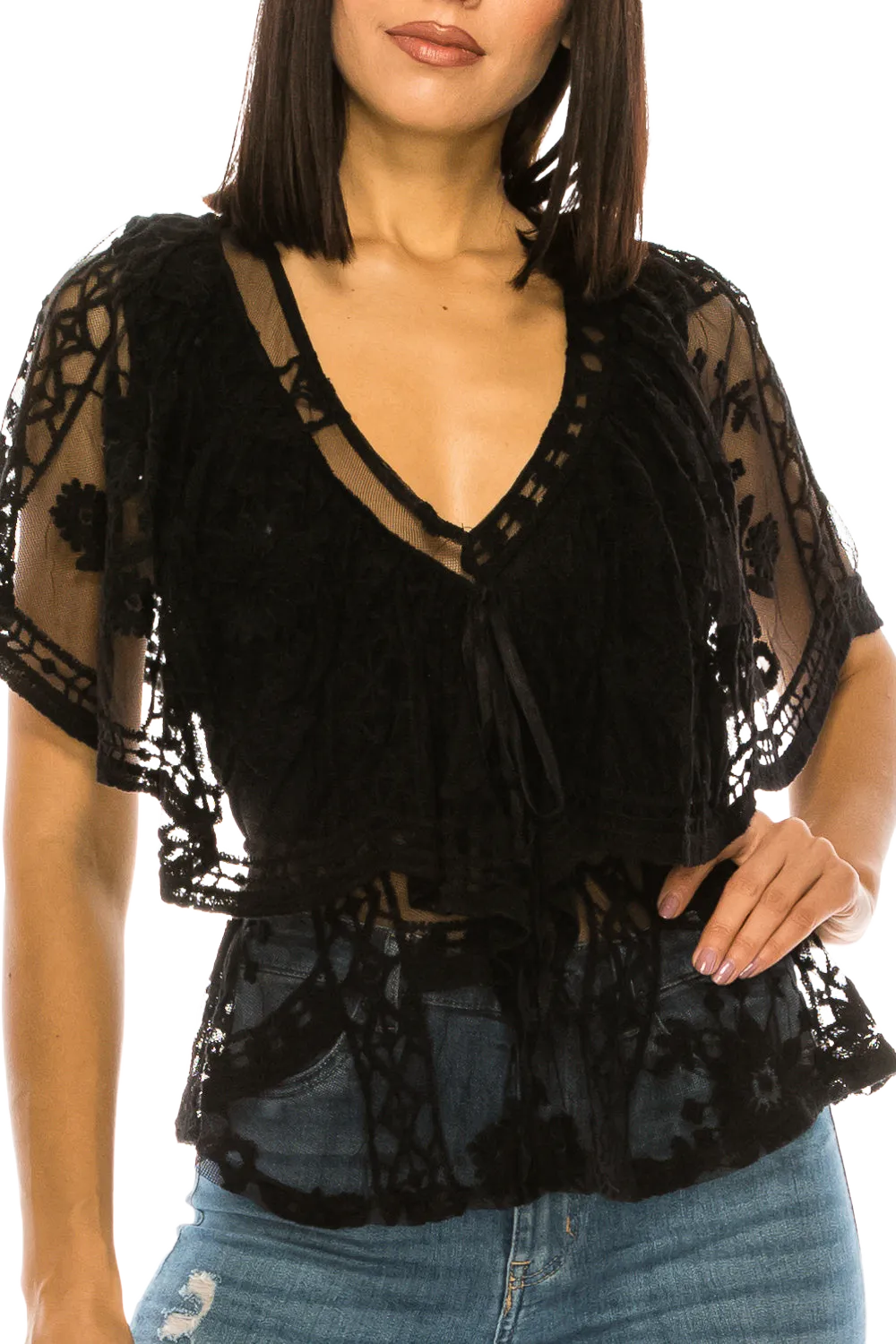Women Floral Scalloped Trim Short-Sleeved Lace Top