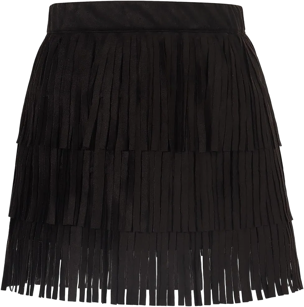 Noomelfish Girls and Women Suede Fringe Skirt Boho Tassel Layered Ruffle Skirt (5-12 Years)