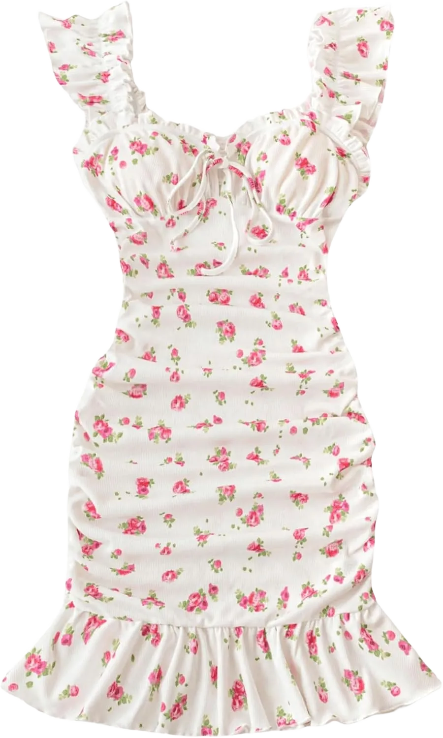 Floerns Women's Boho Sleeveless Floral Print Tie Front Ruched Ruffle Hem Pencil Dresses White X-Small