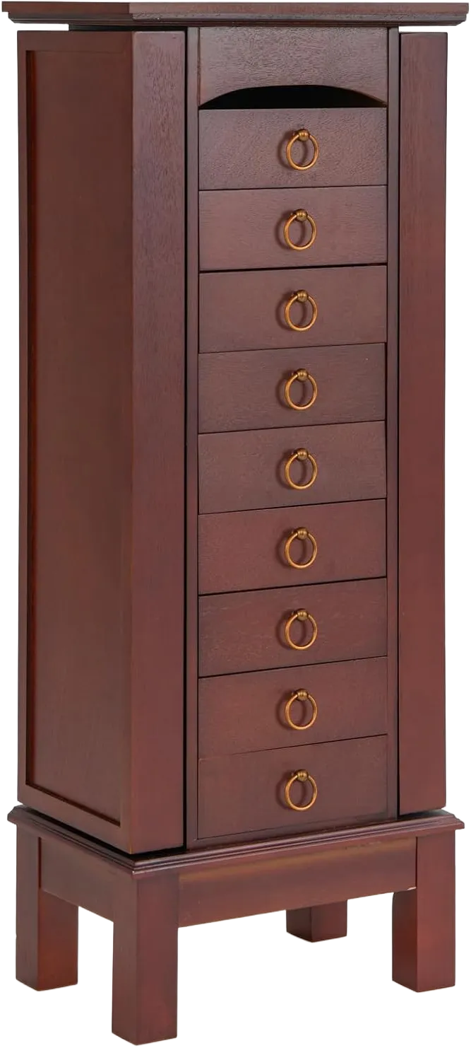 GOFLAME Standing Jewelry Cabinet Armoire, Jewelry Storage Organizer with Flip Top Mirror, 9 Drawers, 2 Side Doors, Space Saving Jewelry Chest Armoire for Necklaces, Earrings, Bracelets, Brown
