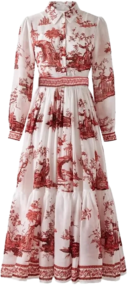 Women Spring Vintage Floral Print A Line Midi Long Dress Lady Elegant Office Work Dress XX-Large Red
